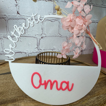 Nahaufnahme 3D Kranz weltbeste Oma in Weiß – pinkfarbener Schriftzug & Hortensien aus PLA