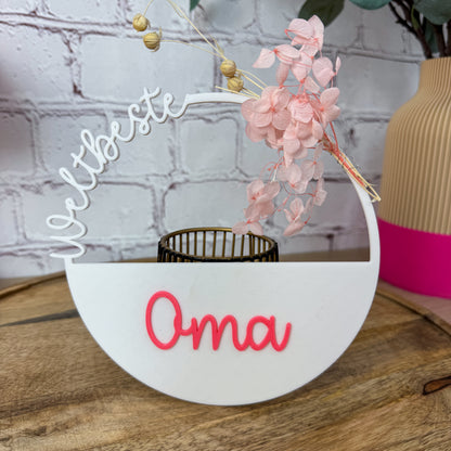 3D Kranz weltbeste Oma in Weiß mit pinkfarbenem Schriftzug und rosa Hortensien, PLA