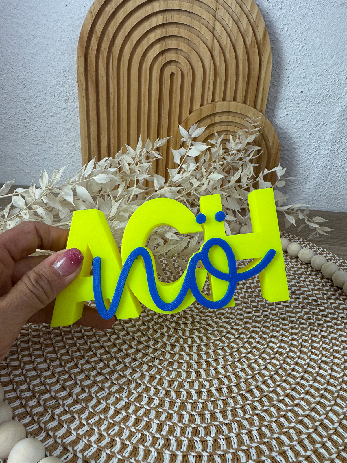 3D Schriftzug Ach Nö Neongelb-Blau – B-Ware