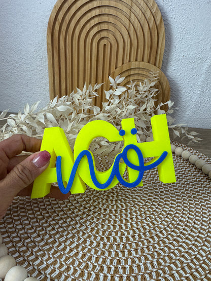 3D Schriftzug Ach Nö Neongelb-Blau – B-Ware