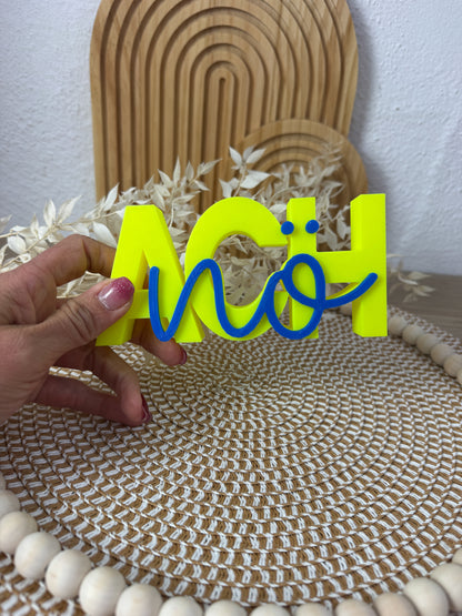 3D Schriftzug Ach Nö Neongelb-Blau – B-Ware