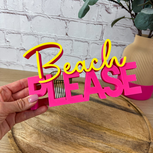 3D Schriftzug Beach please in Magenta und Neongelb als Geschenk für Reiselustige