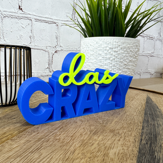3D Schriftzug das CRAZY aus PLA in Blau mit Neon Akzent, moderne Deko für Teenager Zimmer, 12–24 cm breit