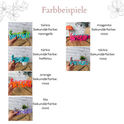 3D Schriftzug happy birthday aus PLA in verschiedenen Farbkombinationen – personalisierbare 3D Schriftzug Geburtstagsdeko
