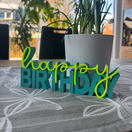 3D Schriftzug happy birthday in türkis aus PLA in 15 cm Breite – moderne happy birthday Deko für Geburtstagstisch