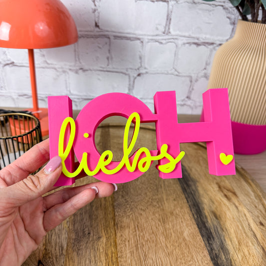 3D Schriftzug ICH liebs in Pink – Größenreferenz in der Hand, leichtes PLA, Deko Wohnzimmer