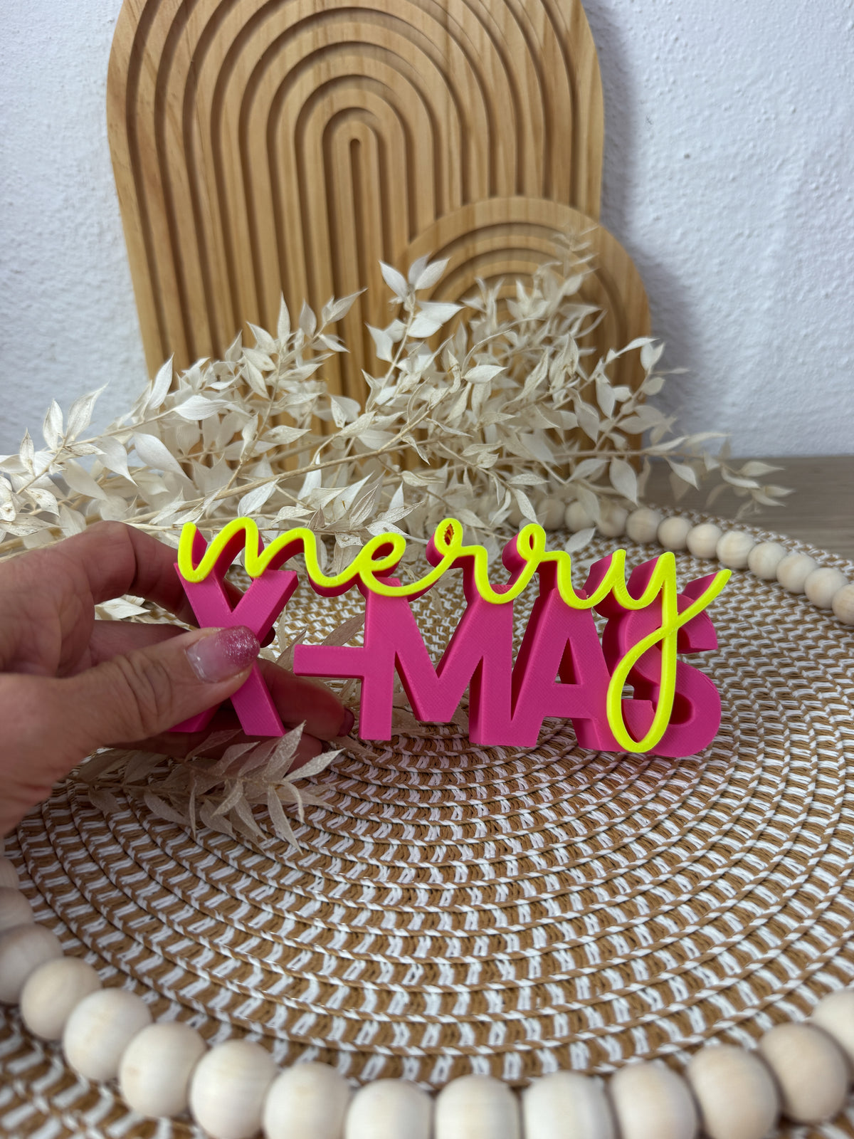 3D Schriftzug Merry X-Mas Pink-Neongelb – B-Ware