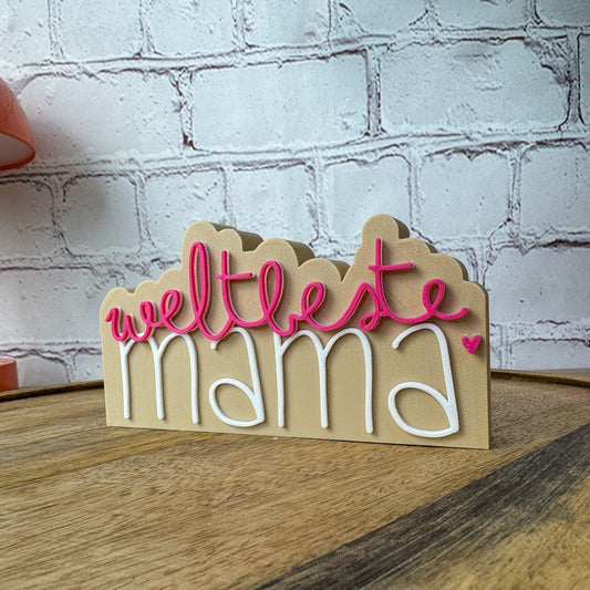 3D Schriftzug weltbeste Mama in beige-magenta-weiß PLA – Muttertagsgeschenk für die beste Mama der Welt