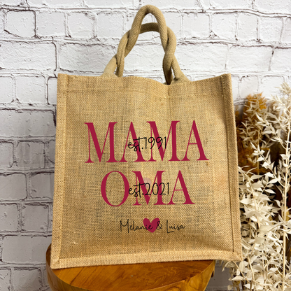 Jutetasche in Burgunderrot mit Aufschrift „Mama, Oma Est“ – liebevolles Geschenk zum Geburtstag