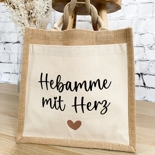 Jutetasche Hebamme mit Herz