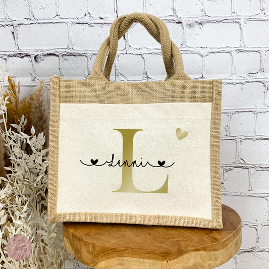 Jutetasche mit Name und Initiale