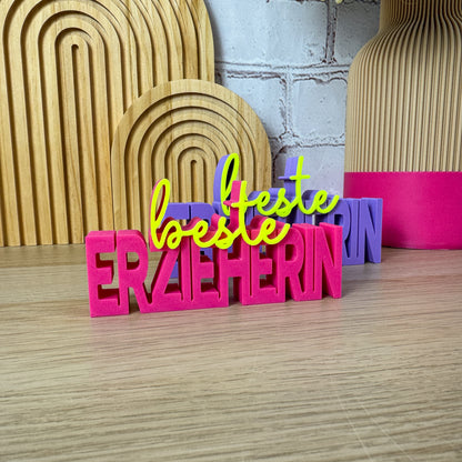 3D-Schriftzug »beste Erzieherin« in Pink und Neon-Gelb, Abschiedsgeschenk zum Kitaabschluss, designt in Unna