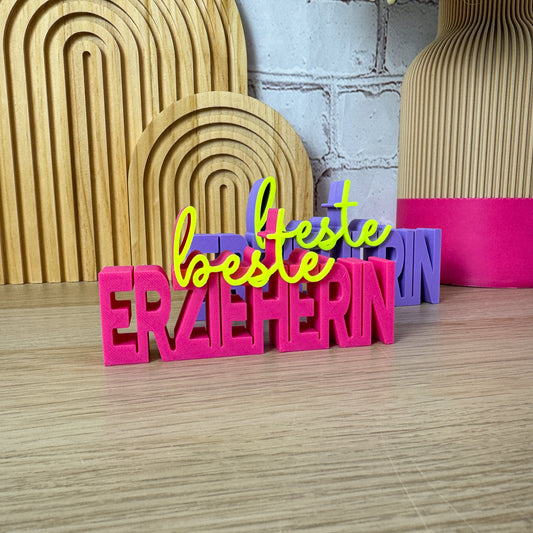 3D-Schriftzug »beste Erzieherin« in Pink und Neon-Gelb, Abschiedsgeschenk zum Kitaabschluss, designt in Unna