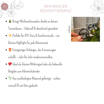 Produktbeschreibung Anhänger Adventskranz – schwarze Zahlenanhänger aus PLA, nachhaltige Weihnachtsdeko