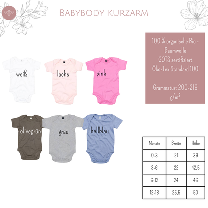 Größenübersicht und Farbauswahl für den Babybody in Kurzarm-Variante aus 100 % Bio-Baumwolle – nachhaltiges Vatertagsgeschenk.