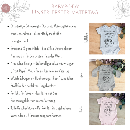 Übersicht der verschiedenen Farbvarianten des Babybodys "Unser erster Vatertag – Prost Papa", ideal für personalisierte Vatertagsgeschenke.