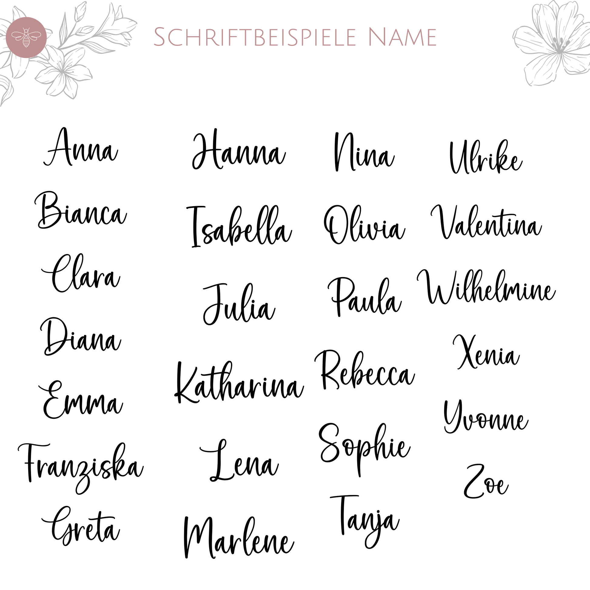 Schriftbeispiele für personalisierte Namen zur Auswahl für die Tasche