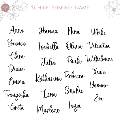 Schriftbeispiele für personalisierte Namen zur Auswahl für die Tasche