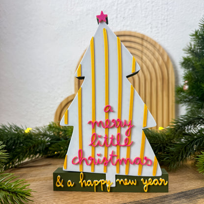 3D Christmas Schriftzug „a merry little christmas & a happy new year“ in Weiß, Gelb, Pink und Dunkelgrün