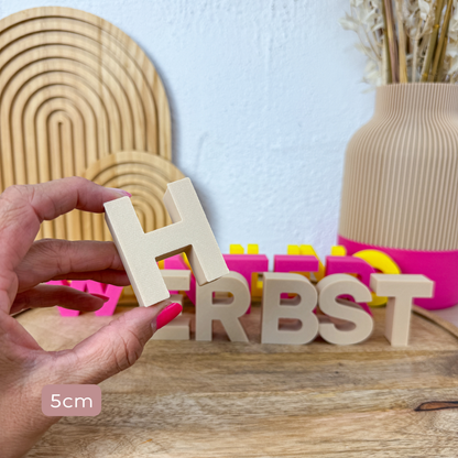 Einzelner beiger Buchstabe H in 5 cm aus dem Sortiment 3D Buchstaben HERBST in einer Hand als Größenvergleich
