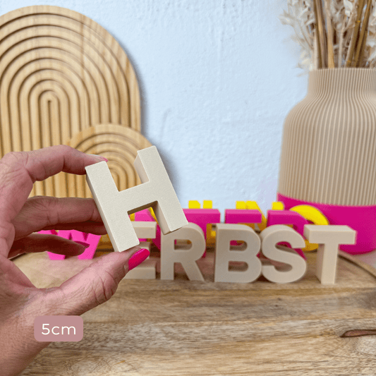 Einzelner beiger Buchstabe H in 5 cm aus dem Sortiment 3D Buchstaben HERBST in einer Hand als Größenvergleich