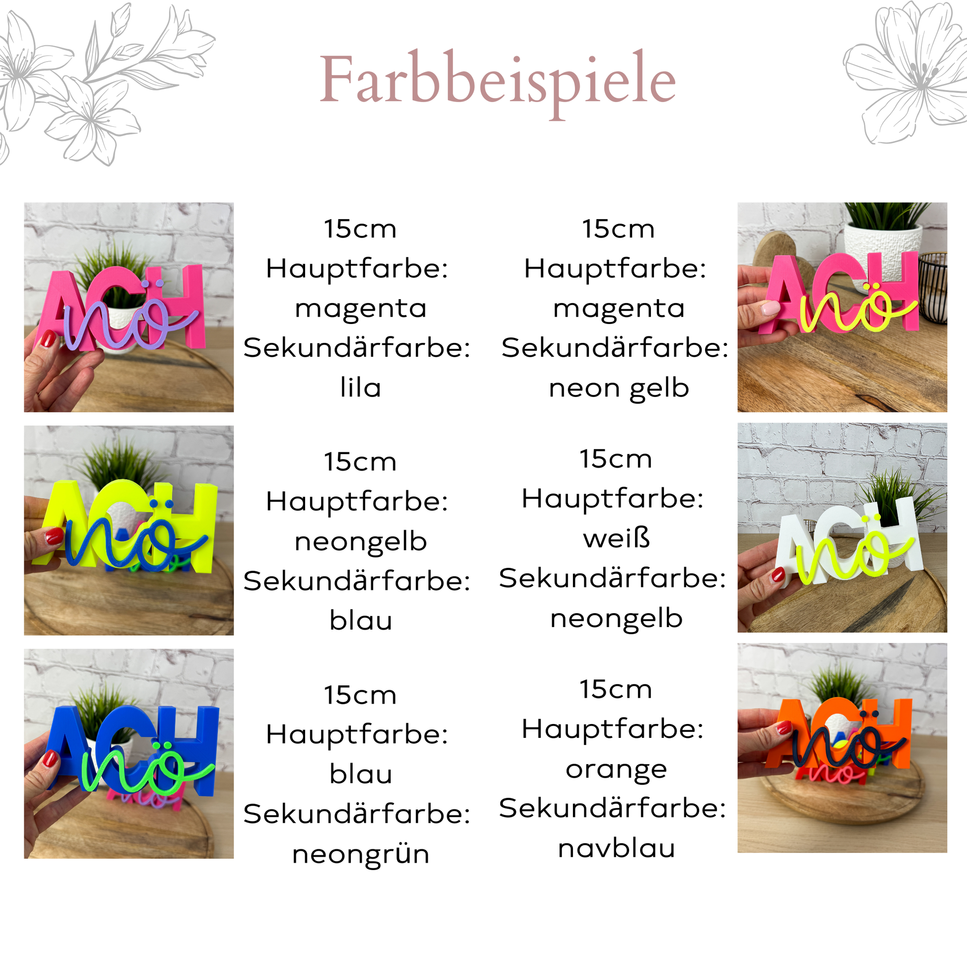 Farbübersicht 3D Schriftzug „Ach nö“ mit verschiedenen Farbkombinationen und Größen