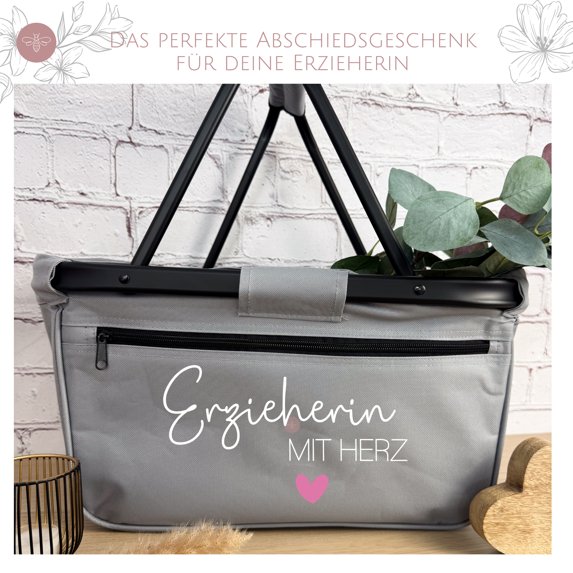 Hochwertiger grauer Einkaufskorb mit weißem Schriftzug 'Erzieherin mit Herz' und rosa Herz – ideal für Erzieherinnen zum Abschied.