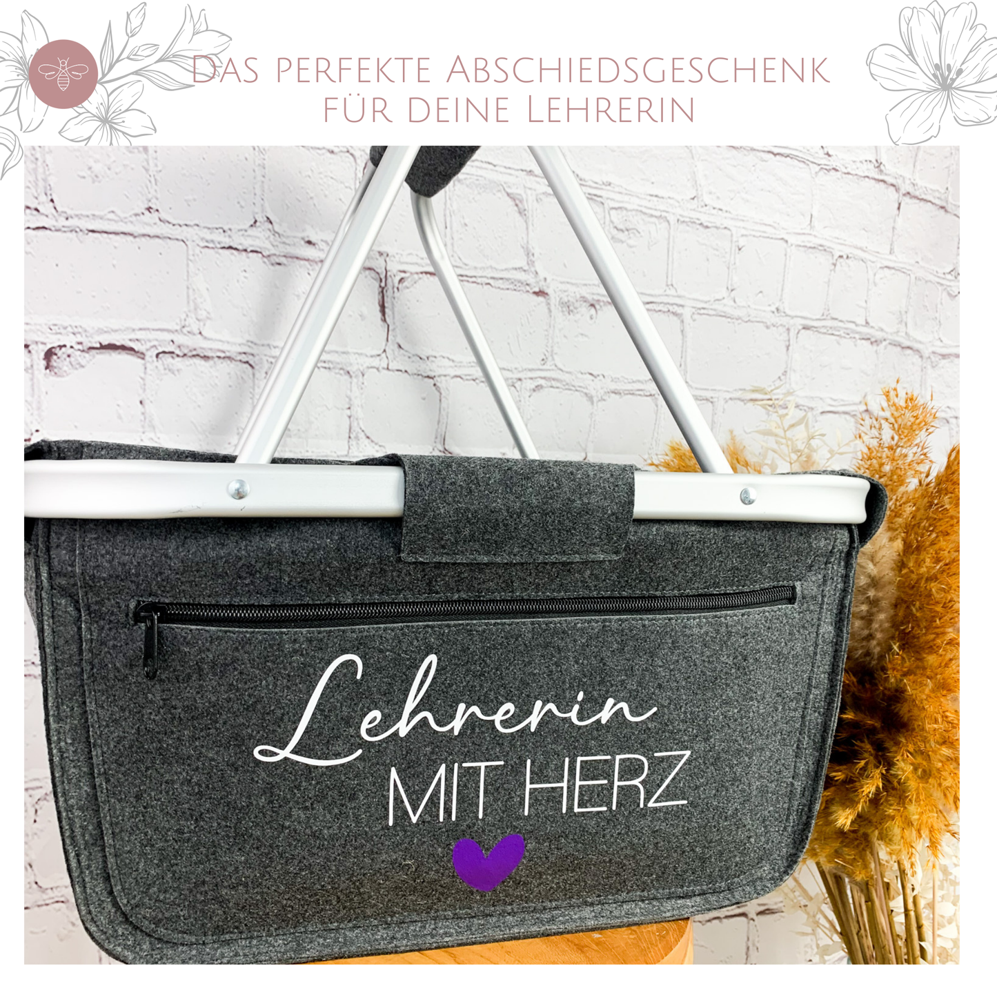 Einkaufskorb als Abschiedsgeschenk für Lehrerinnen, mit liebevoller Aufschrift.