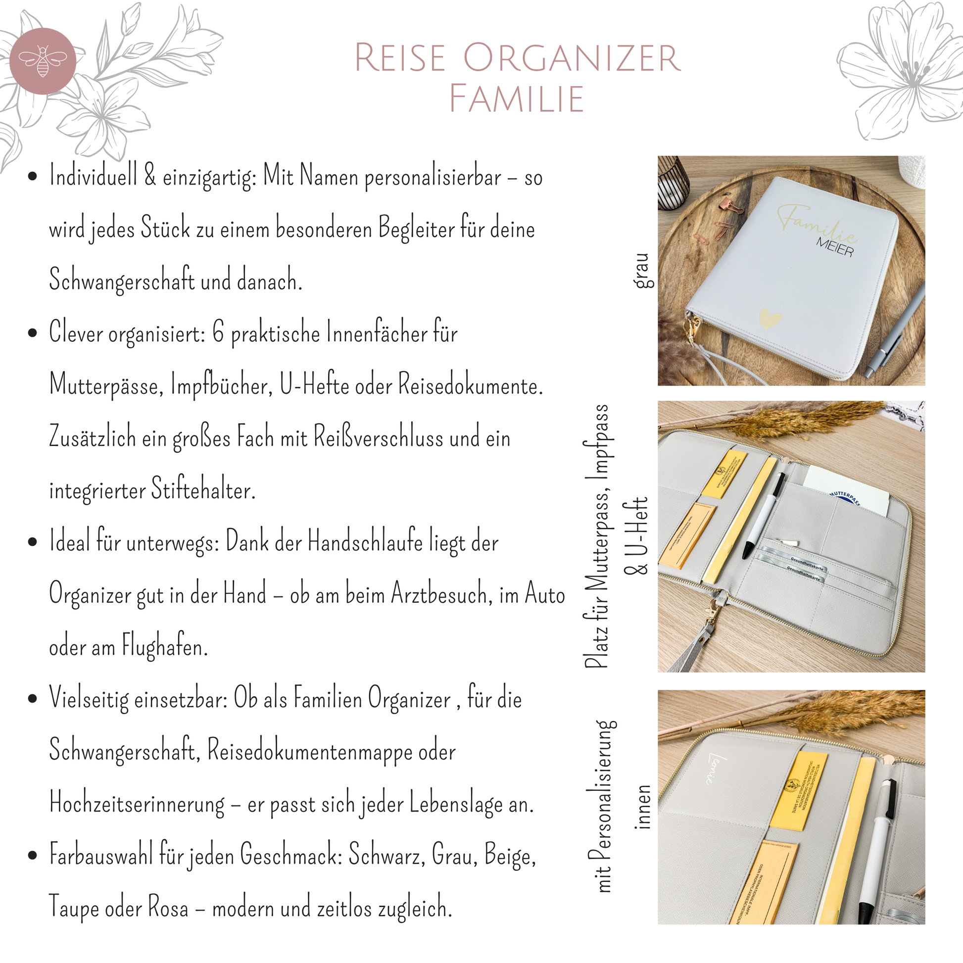 Grafik mit Vorteilen des Familien Organizers – personalisierbar, viele Fächer, ideal für unterwegs