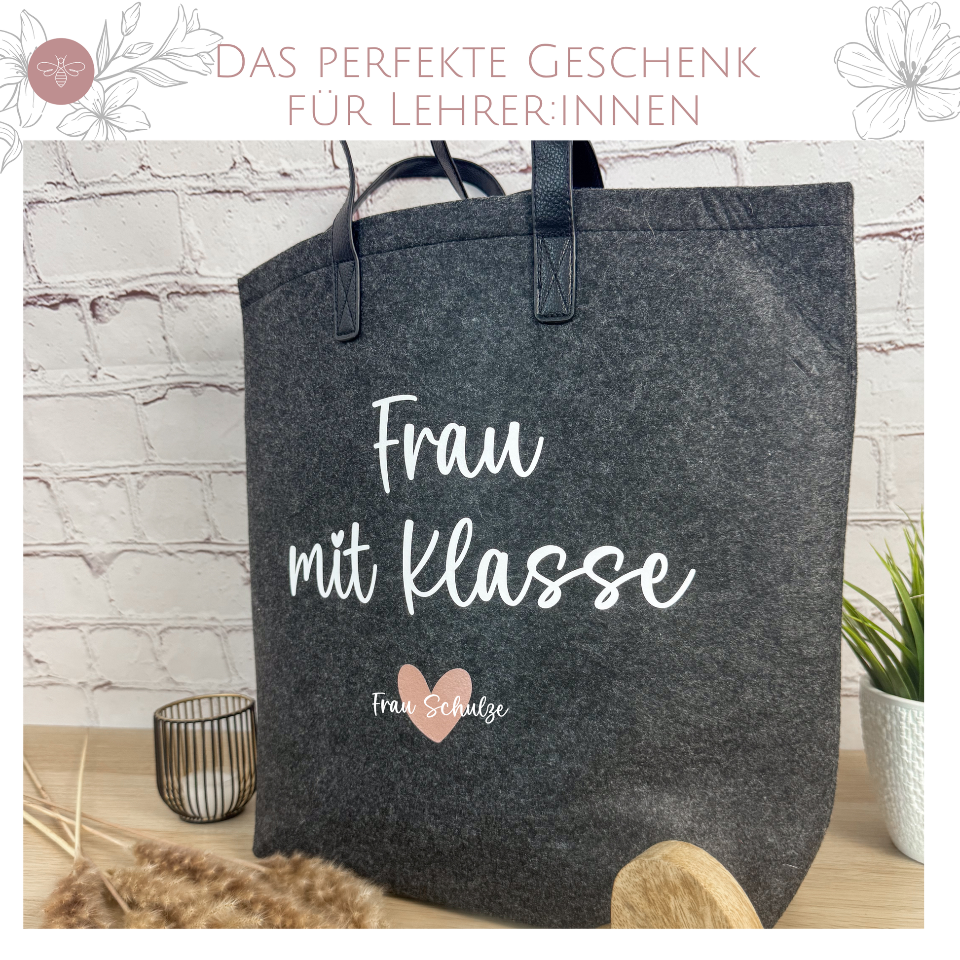 Personalisierte Filztasche Frau mit Klasse – Geschenkidee für Lehrerinnen mit Name und Herz