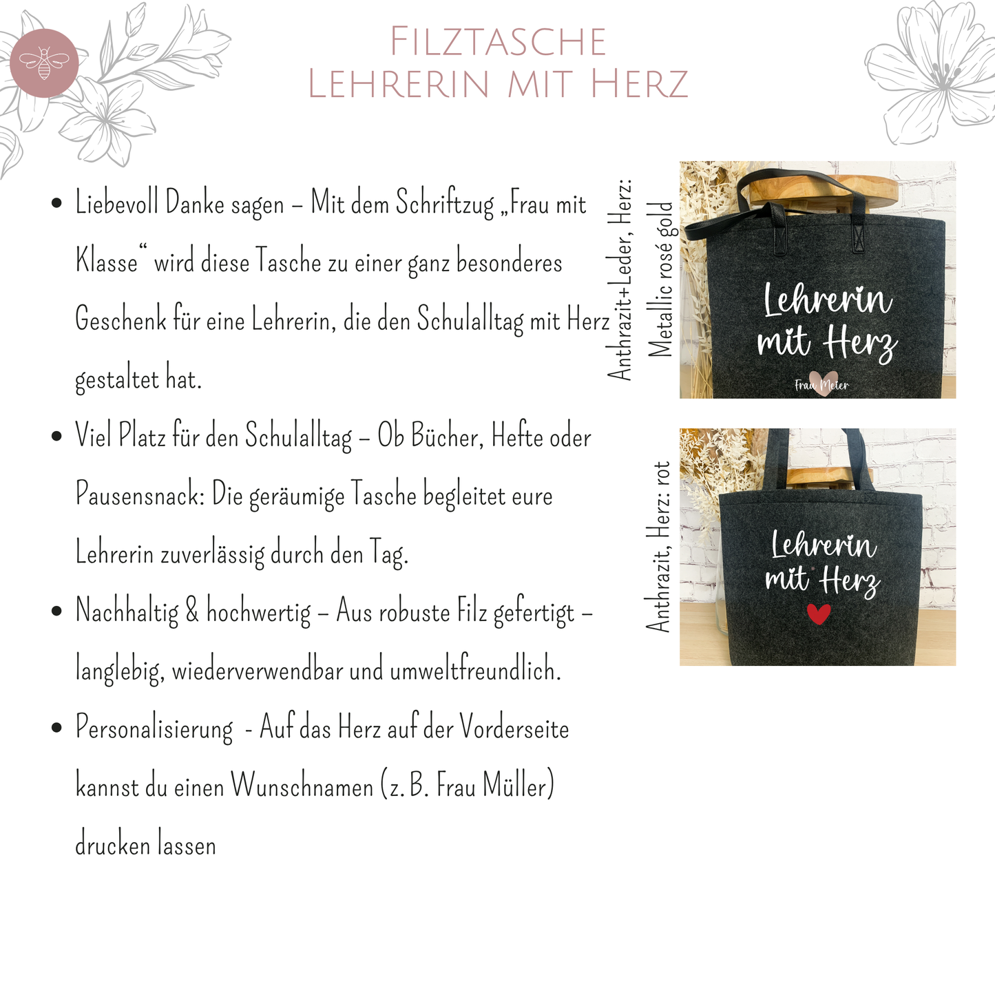 Filz Tasche Leherin mit Herz - Geschenk zum Abschied für Lehrerin