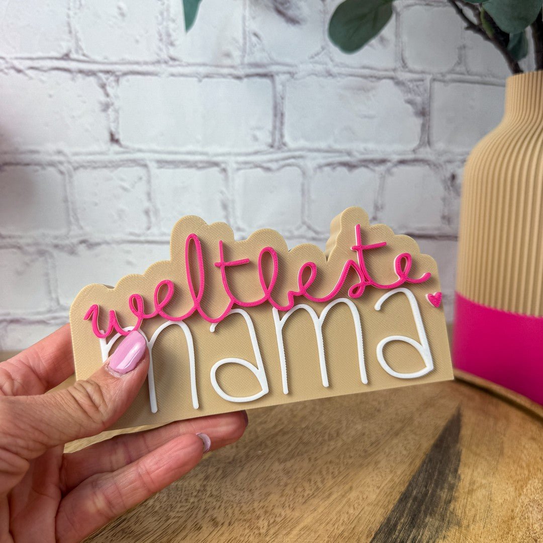 3D Schriftzug weltbeste Mama 15 cm beige-magenta-weiß PLA – Muttertags-Deko als Geburtstagsgeschenk