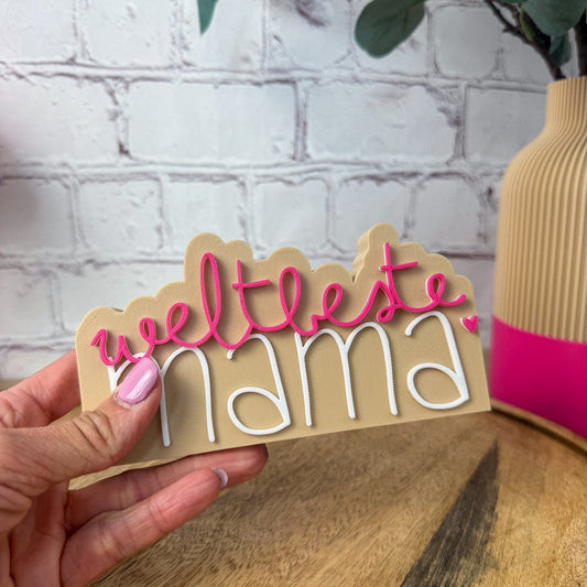 3D Schriftzug weltbeste Mama 15 cm beige-magenta-weiß PLA – Muttertags-Deko als Geburtstagsgeschenk