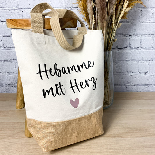 Baumwolljuteshopper Hebamme mit Herz