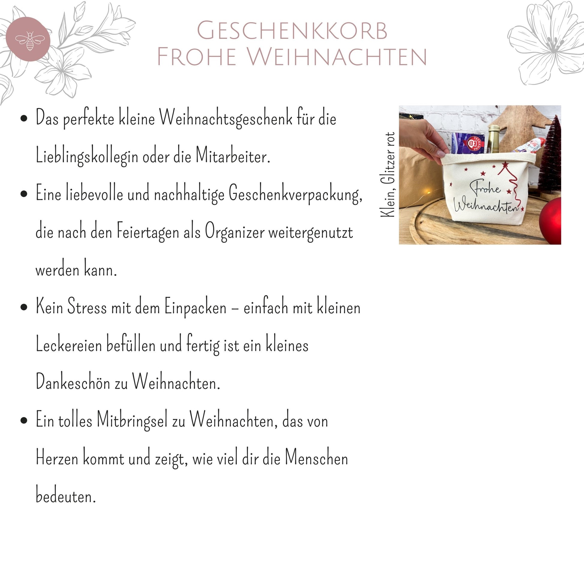 Collage: Geschenkkorb „Frohe Weihnachten“ aus Baumwolle mit Bulletpoints, die seine Vorteile als nachhaltiges Weihnachtsgeschenk hervorheben.