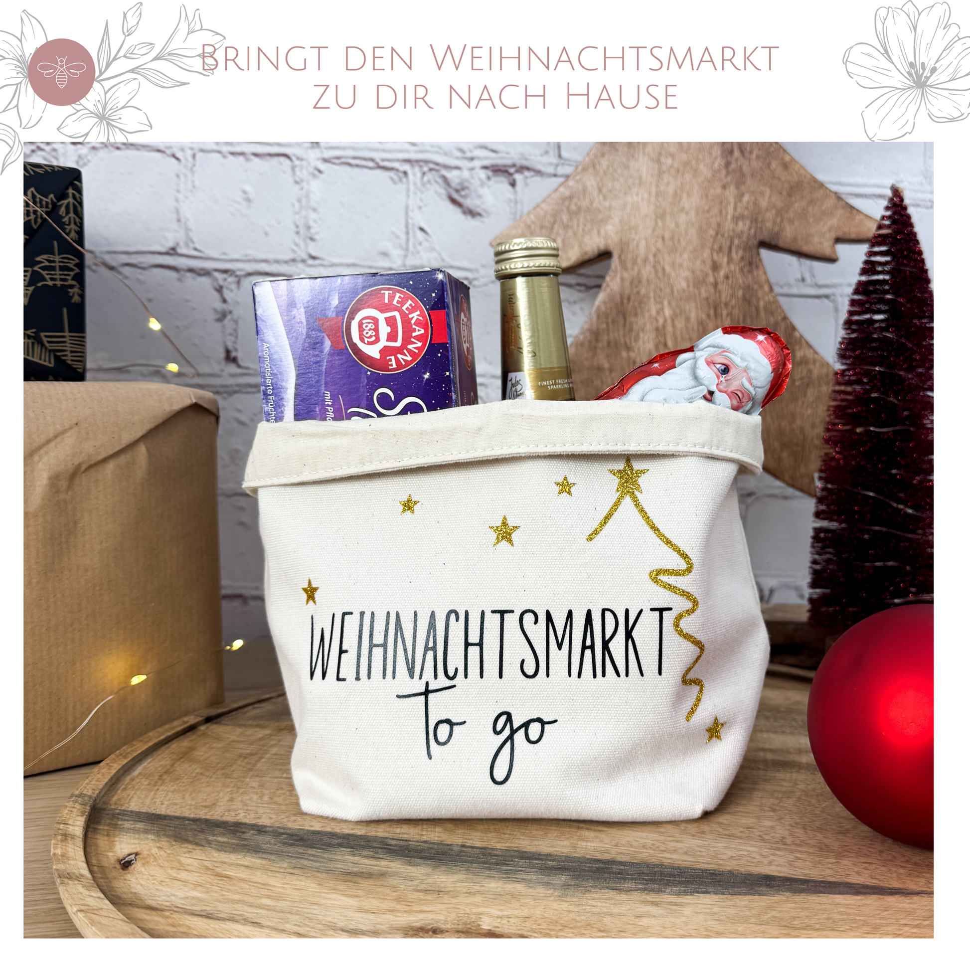 Collage: Geschenkkorb Weihnachtsmarkt to go aus Baumwolle mit den wichtigsten Vorteilen in Bulletpoints.