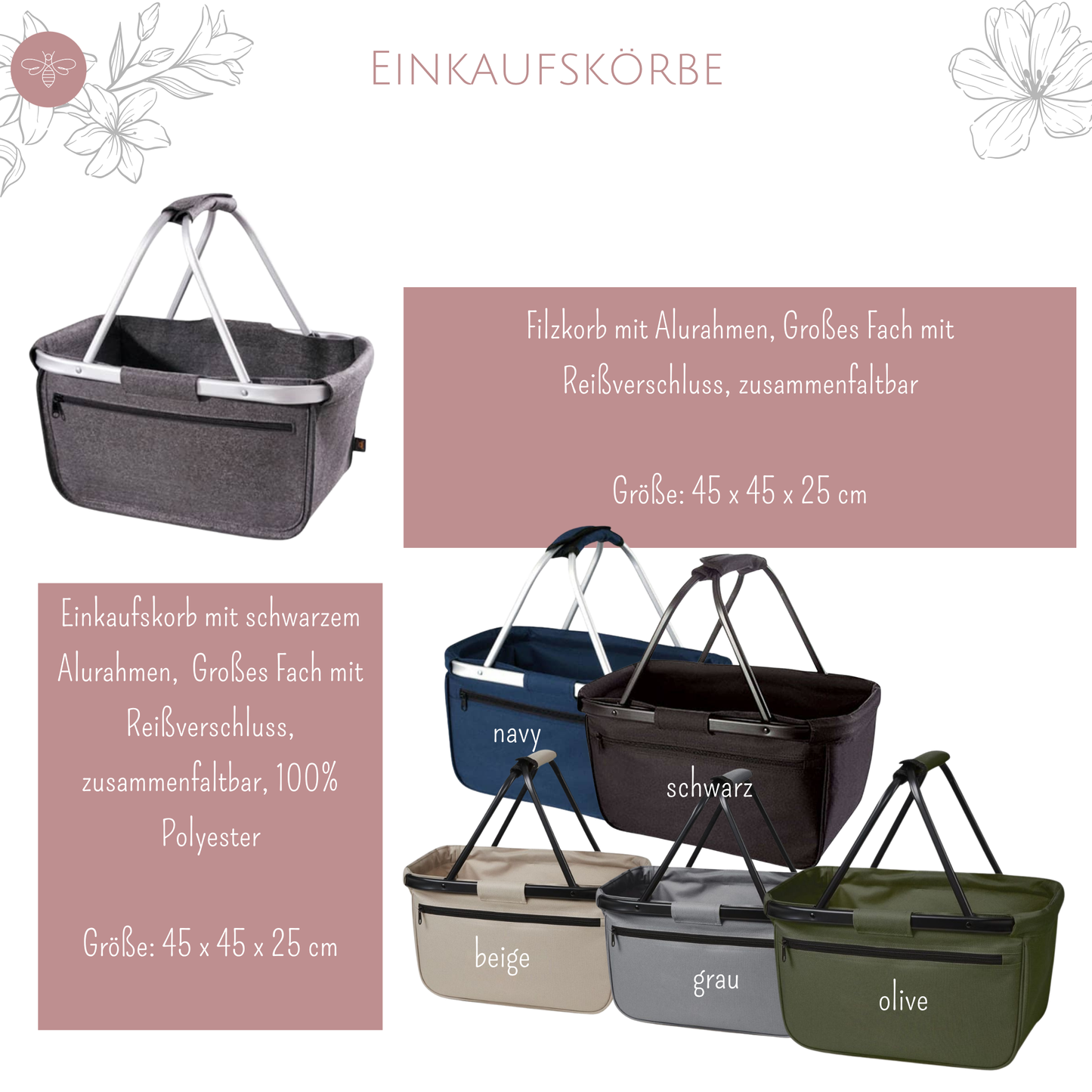 Produktinfografik mit Größen- und Materialvarianten für Einkaufskörbe – perfekt als Geschenk für Erzieherinnen oder Lehrerinnen.