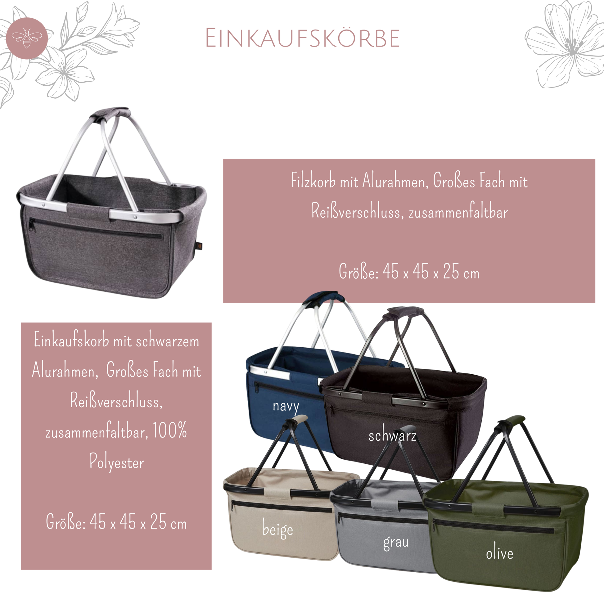 Produktinfografik mit Größen- und Materialvarianten für Einkaufskörbe – perfekt als Geschenk für Erzieherinnen oder Lehrerinnen.