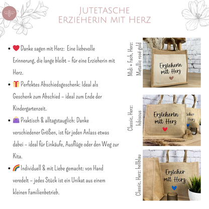Jutetasche „Erzieherin mit Herz“ – Personalisiertes Geschenk zum Kita-Abschied