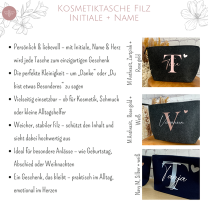 Kosmetiktasche personalisiert aus Filz Initiale + Namen (Herz)