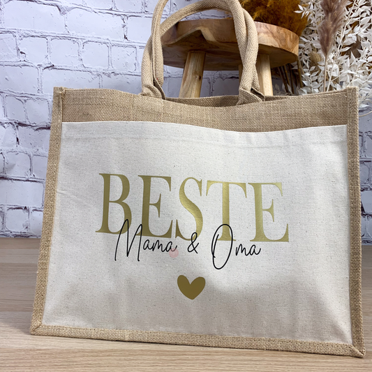 Jutetasche „Beste Mama & Oma“ in Classic-Größe mit goldenem Aufdruck – ideal zum Shoppen und für den alltäglichen Einkauf