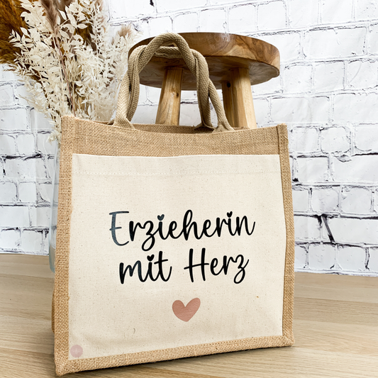 Jutetasche „Erzieherin mit Herz“ – Personalisiertes Geschenk zum Kita-Abschied