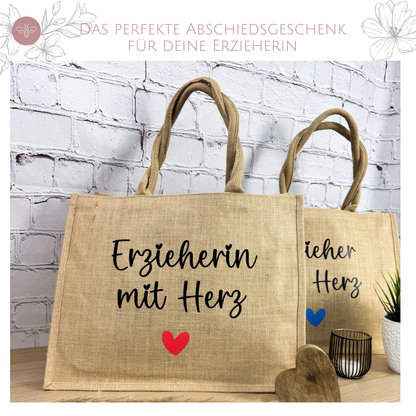 Jutetasche „Erzieherin mit Herz“ – Personalisiertes Geschenk zum Kita-Abschied
