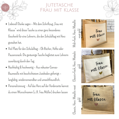 Jute Tasche Frau mit Klasse - Lehrerin Abschiedsgeschenk