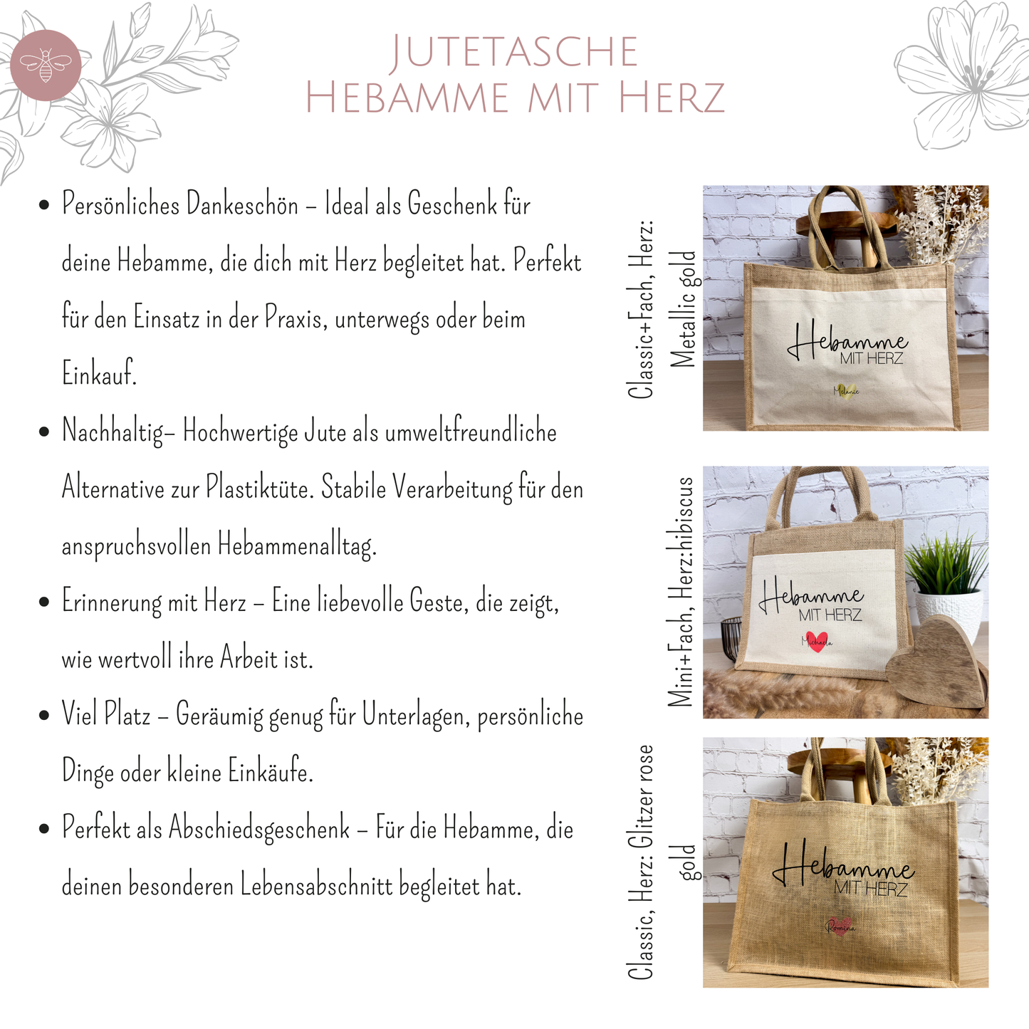 Hochwertige Jutetasche für Hebammen mit Aufdruck „Hebamme mit Herz“ für den Hebammenalltag.