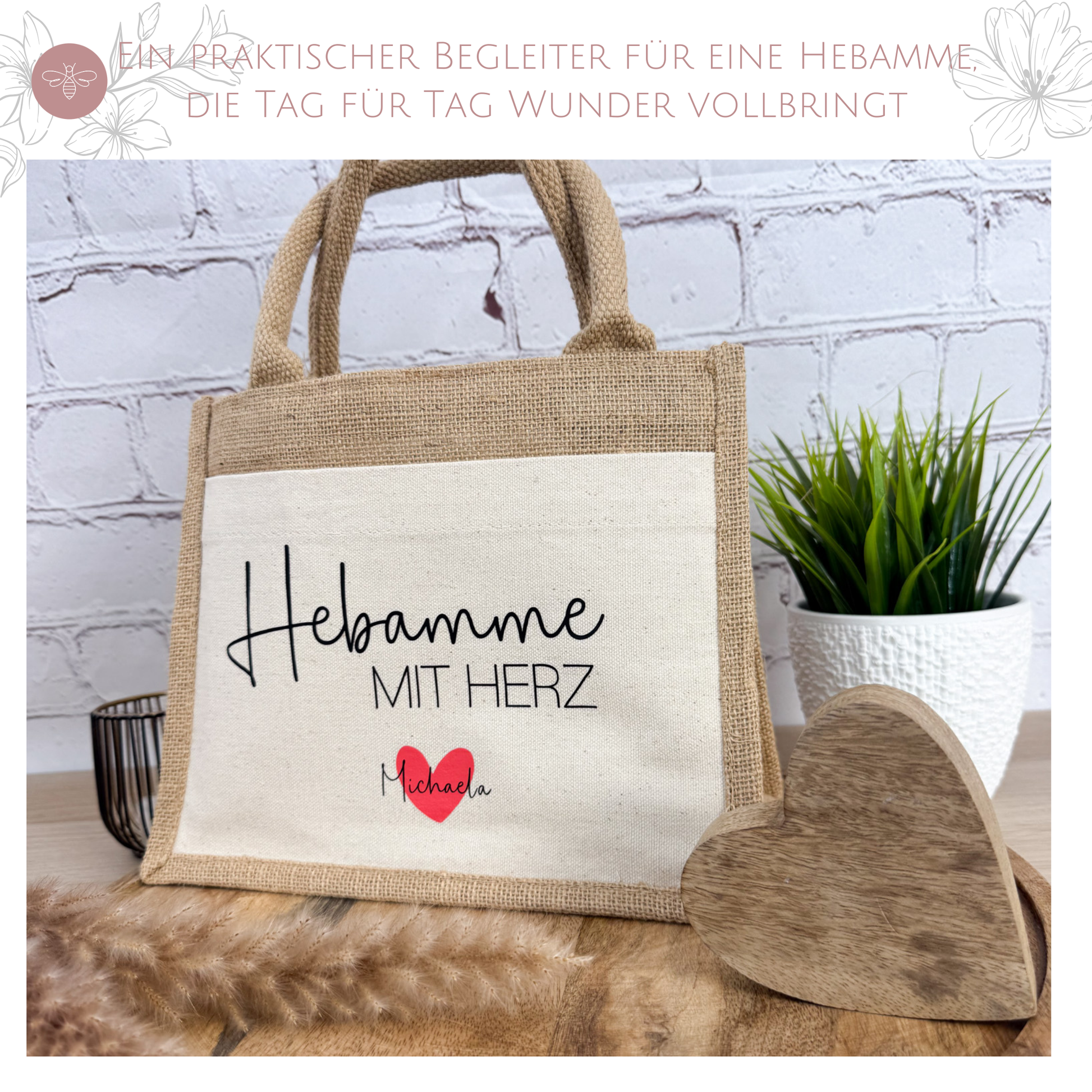 Mini-Jutetasche „Hebamme mit Herz“ mit Herz als liebevolle Erinnerung.