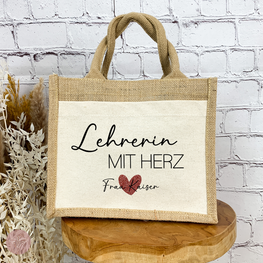 Jutetasche Lehrerin mit Herz