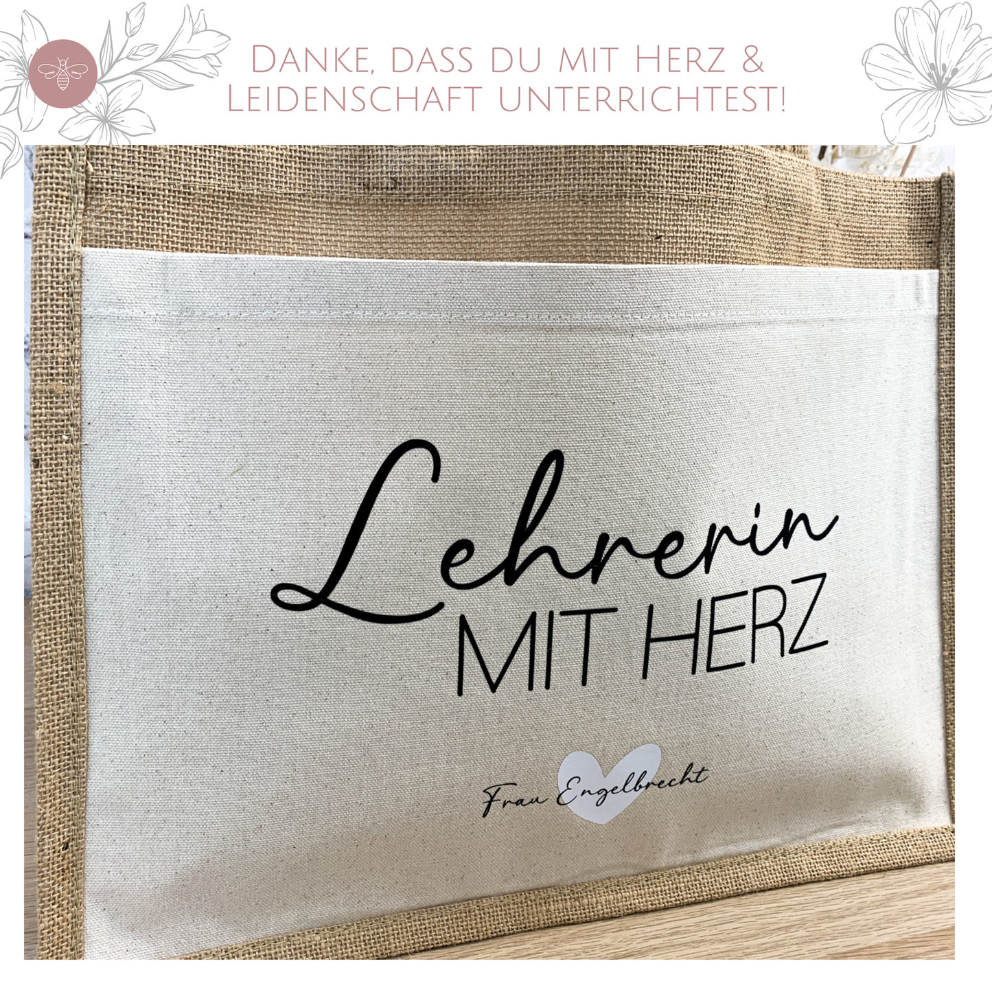 Jutetasche Lehrerin mit Herz