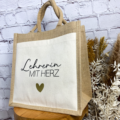 Jutetasche Lehrerin mit Herz