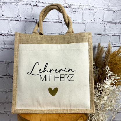 Jutetasche Lehrerin mit Herz